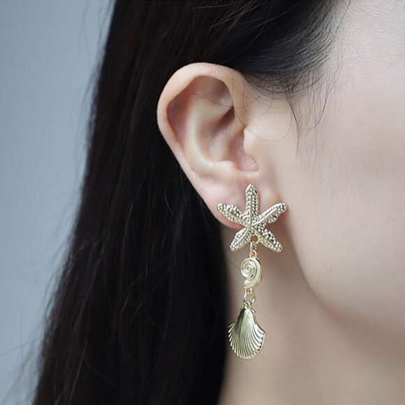 Gold Starfish Shell Dangle Earrings for Women - Beach Jewelry, Lightweight, Perf - Picture 3 of 7